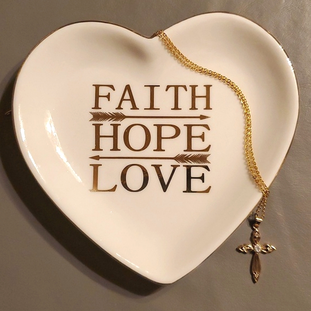 Pier 1 Trinket Dish with Goldtone Cross Necklace